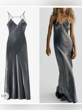 NNWM Woman Metallic Silver Liquid Satin Maxi Slip Dress Gunmetal 90s Y2K Size L